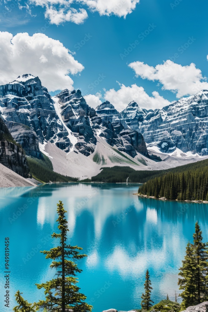 Poster Majestic mountain range reflected in a still, blue lake.