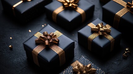 Elegant Black and Gold Gift Boxes with Glittering Ribbons on Dark Background - Perfect for Celebrations and Special Occasions