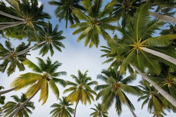 Aerial Perspective of Vibrant Areca and Coconut Palm Trees Against Bright White Background