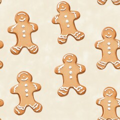 Vintage gingerbread cookies pattern on vintage beige fabric background, seamless repeating pattern, textile print style, minimal, holiday design, seamless cookie pattern, home decor, textiles