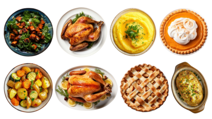 PNG Thanksgiving dinner flatlay element set, transparent background