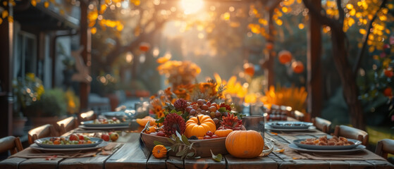 Thanksgiving morning in the house , preparing for the holiday, details and holiday atmosphere in autumn with pumpkins, food and drinks