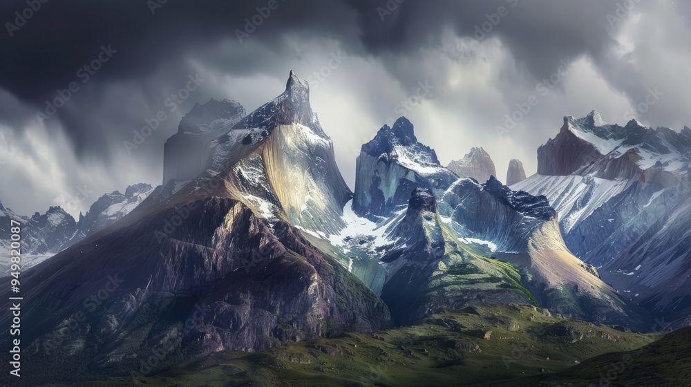 Poster Majestic snow-capped mountain peaks under dramatic storm clouds.