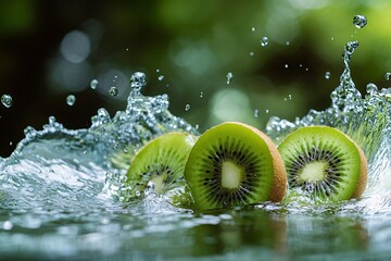 Fresh Kiwi Fruit Splashing in Water on Green Background