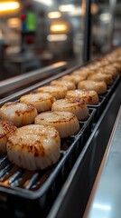 Freshly grilled scallops are being hand-selected and presented in a professional kitchen setting.
