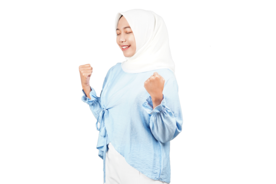 Excited asian hijab girl isolated transparent