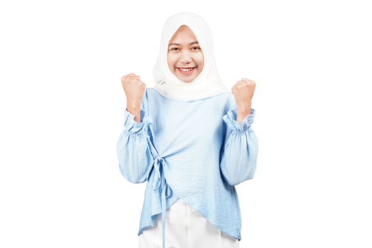 Excited asian hijab girl isolated transparent