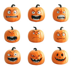 Set of nine orange pumpkins with various expressive faces. Perfect for Halloween decoration, party invitations, and festive design projects.