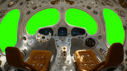 Futuristic spaceship cockpit pilot view with green screen for compositing, advanced control panels, immersive sci-fi design, new beautiful stock image illustration AI.