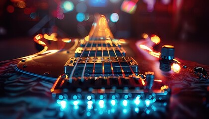 Electric guitar with colorful stage lights, dynamic and musical, Rock, Neon colors, Photograph, Performance energy