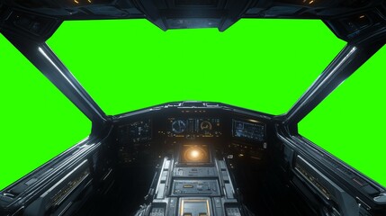 Futuristic spaceship cockpit pilot view with green screen for compositing, advanced control panels, immersive sci-fi design, new beautiful stock image illustration AI.