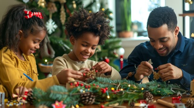 Parents and Children Crafting Handmade Christmas Ornaments in a Festive Living Room