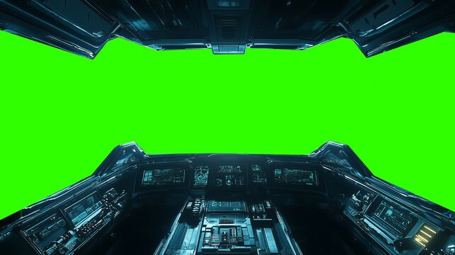 Futuristic spaceship cockpit pilot view with green screen for compositing, advanced control panels, immersive sci-fi design, new beautiful stock image illustration AI.