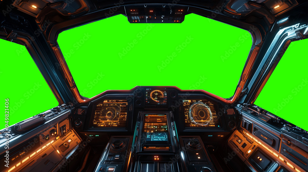 Wall mural futuristic spaceship cockpit pilot view with green screen for compositing, advanced control panels, 