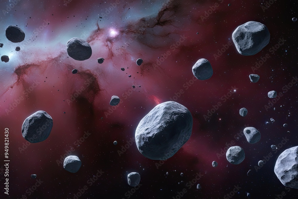 Poster nebula surrounds swarm of meteor clusters and asteroid boulders in outer space