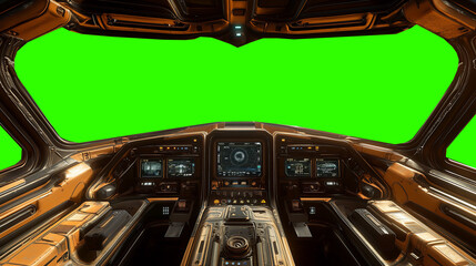 Futuristic spaceship cockpit pilot view with green screen for compositing, advanced control panels, immersive sci-fi design, new beautiful stock image illustration AI.