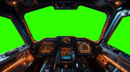 Futuristic spaceship cockpit pilot view with green screen for compositing, advanced control panels, immersive sci-fi design, new beautiful stock image illustration AI.