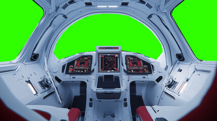 Futuristic spaceship cockpit pilot view with green screen for compositing, advanced control panels, immersive sci-fi design, new beautiful stock image illustration AI.