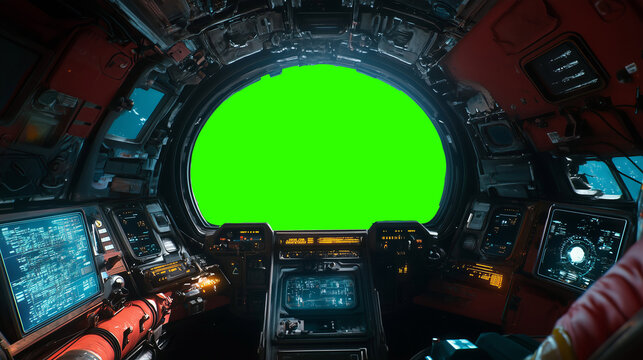Futuristic spaceship cockpit pilot view with green screen for compositing, advanced control panels, immersive sci-fi design, new beautiful stock image illustration AI.
