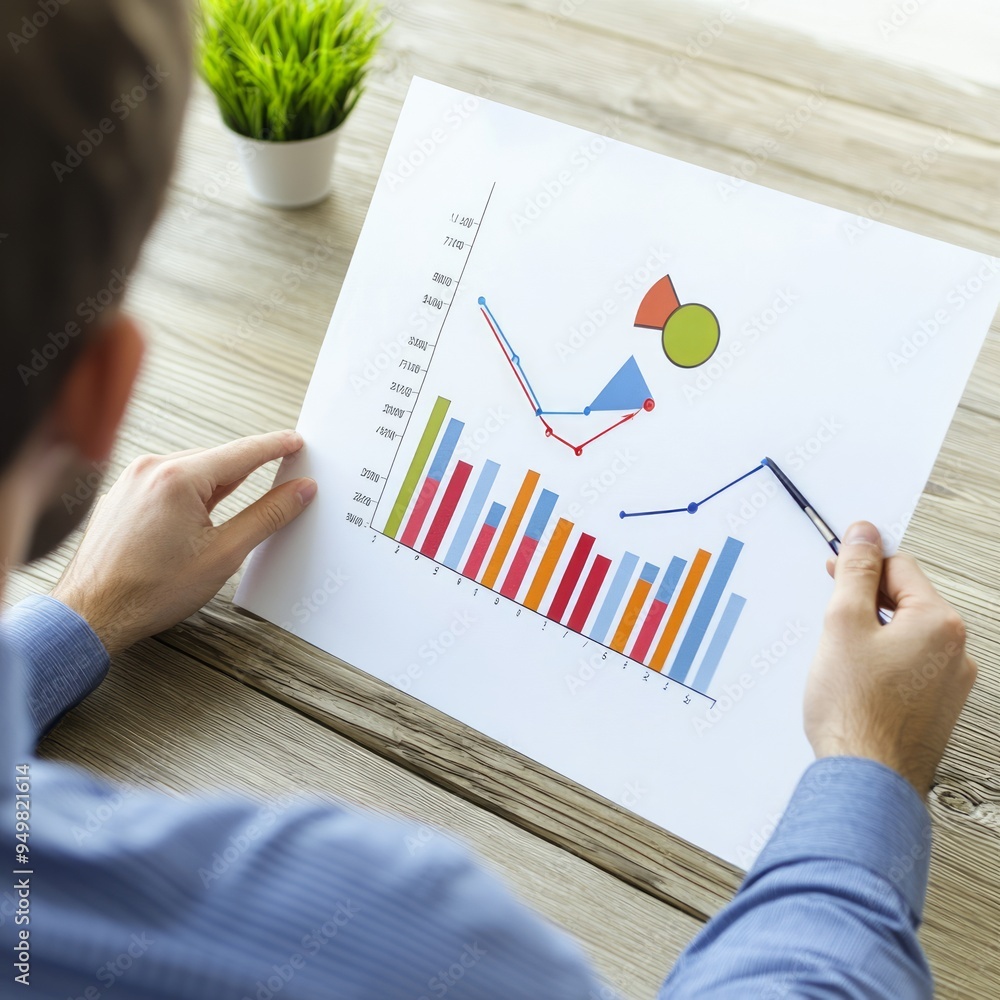 Sticker Man analyzing business chart with a pen.