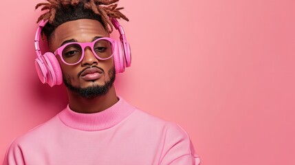 Obraz premium Stylish Man in Pink Headphones and Sunglasses, Modern Fashion, Music Lover, Trendy Vibes, Minimalist Background, Electronic Music, Audiophile, Cool Style, Headphones Fashion, Urban Style, Music
