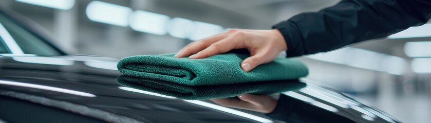 A person cleaning a car surface with a green microfiber cloth, showcasing attention to detail and vehicle maintenance.