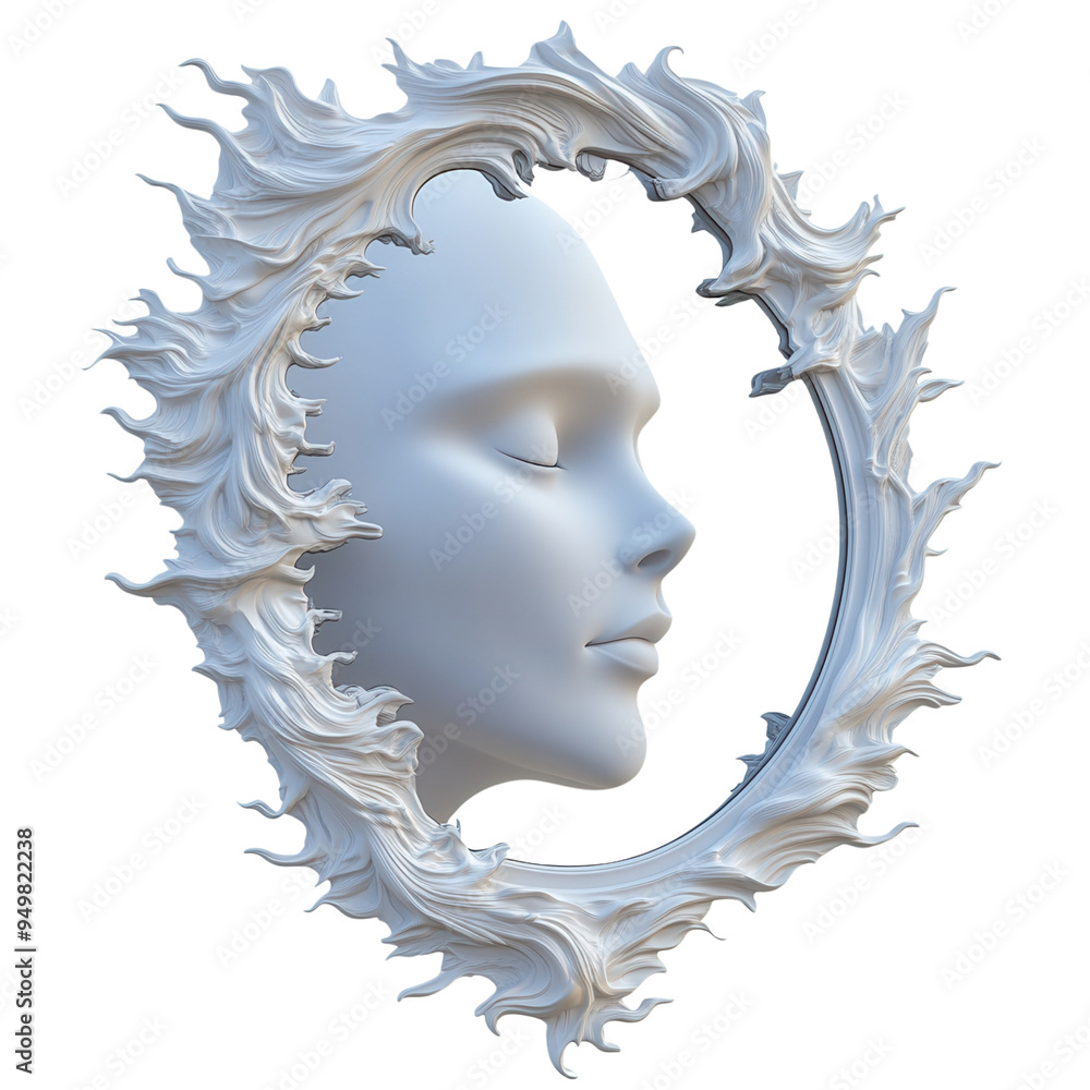 Poster surreal 3d rendering of a serene human face surrounded by abstract flowing shapes, embodying tranqui