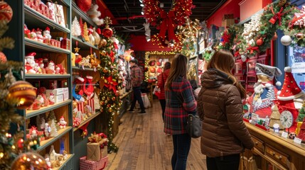 Obraz premium Shoppers Exploring a Holiday Pop-Up Shop with Unique Christmas Gifts and Decorations