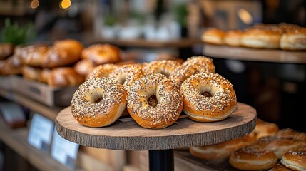 Freshly baked everything bagels with sesame seeds and poppy seeds for breakfast,bagel sandwich in bakery shop,New York style bagels,Homemade freshly plain,onion bagels,space for text.