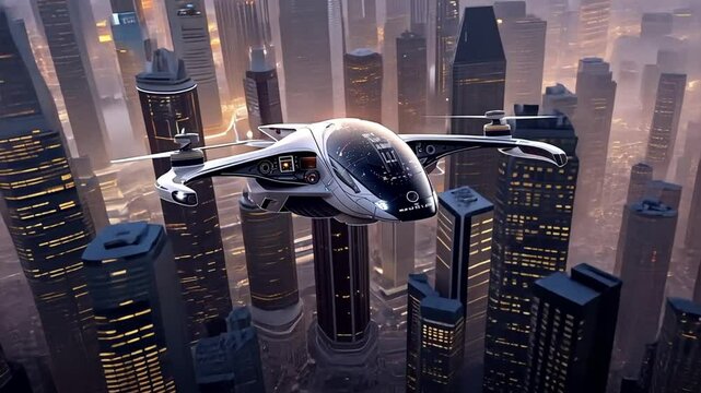 Urban Air Mobility: A sleek, futuristic flying car navigates the illuminated cityscape, soaring effortlessly amidst towering skyscrapers at dusk. 