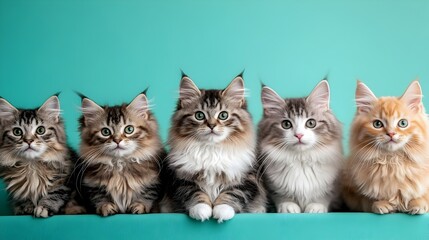 Diverse Feline Family Posing in Pastel Turquoise Studio Setting