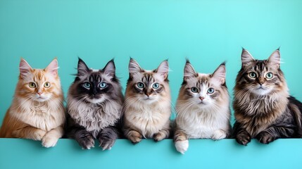 Diverse Breeds of Feline Companions Framed in Serene Turquoise Backdrop