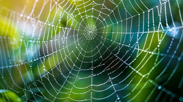 Jewelled Web: A spiderweb, glistening with morning dew, catches the sunlight in a vibrant display of nature's intricate beauty. 
