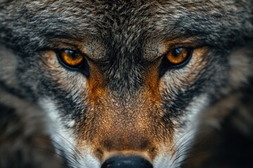 Fototapeta premium Close-up of a Wolf's Face with Intense Golden Eyes