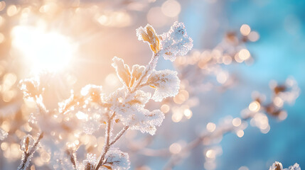 Tree branches adorned with sparkling ice, reflecting light under the clear winter sky photo