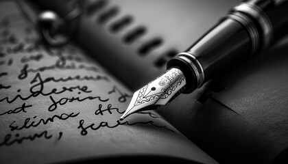 Fototapeta premium Fountain pen writing in a journal, classic and elegant, Vintage, Monochrome, Photograph, Writing elegance