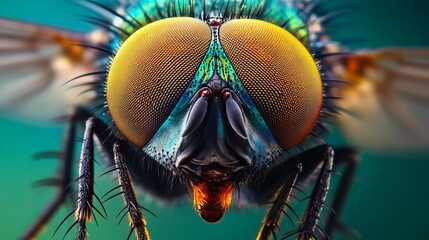 Close-up image of a blow fly, also known as a carrion fly or cluster fly, highlighting the intricate details of its eyes. This image captures the beauty and complexity of insect life. 