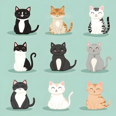 Cartoon Style Assortment of Diverse Worldwide Cat Characters on Serene Pale Robin s Egg Backdrop