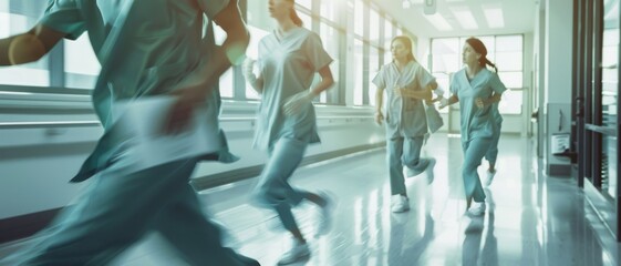 Medical personnel quickly move down a brightly lit hospital corridor, responding to an urgent call.