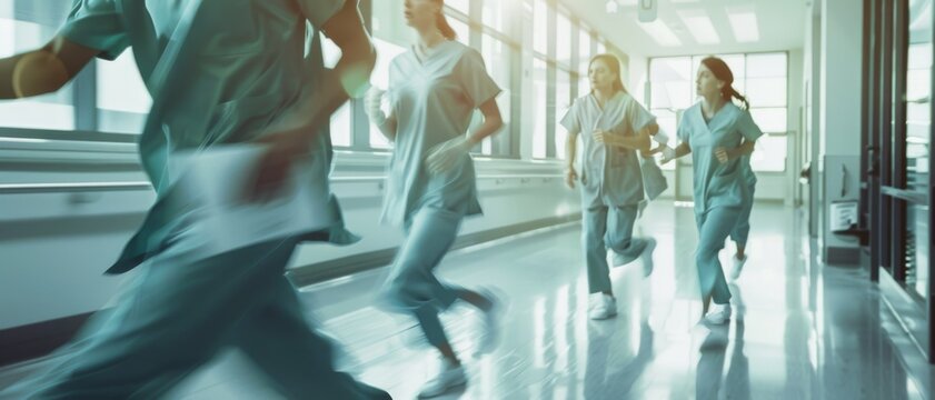 Medical personnel quickly move down a brightly lit hospital corridor, responding to an urgent call.