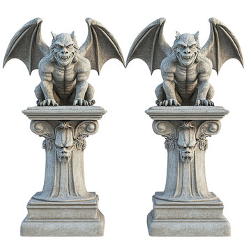 Two stone gargoyle statues on pedestals with wings, menacing expressions, and intricate details, perfect for gothic decor.