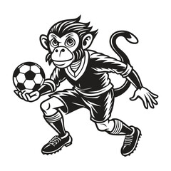 Fototapeta premium A cartoon monkey boy is playing soccer with a ball