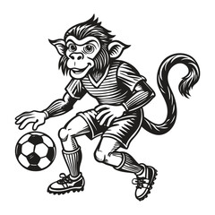 Fototapeta premium A cartoon monkey boy is playing soccer with a ball