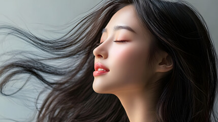 Naklejka premium Portrait of a beautiful young asian model woman shaking her beautiful hair in motion. Women's hair is vibrant and shining.