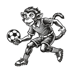 Obraz premium A cartoon monkey boy is playing soccer with a ball
