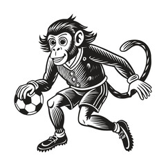 A cartoon monkey boy is playing soccer with a ball