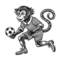 Fototapeta premium A cartoon monkey boy is playing soccer with a ball