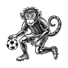 Fototapeta premium A cartoon monkey boy is playing soccer with a ball