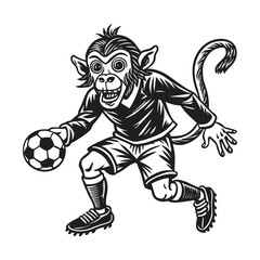 Fototapeta premium A cartoon monkey boy is playing soccer with a ball