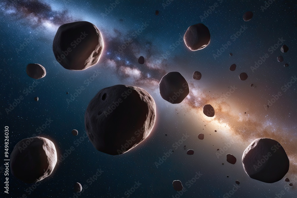 Poster floating asteroids in space exploring the swarm of celestial rocks in the universe